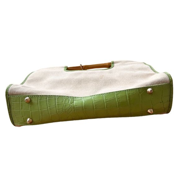 Vintage Etienne Aigner Canvas Leather Handbag Bamboo Handles Snap Closur… - Picture 4 of 12